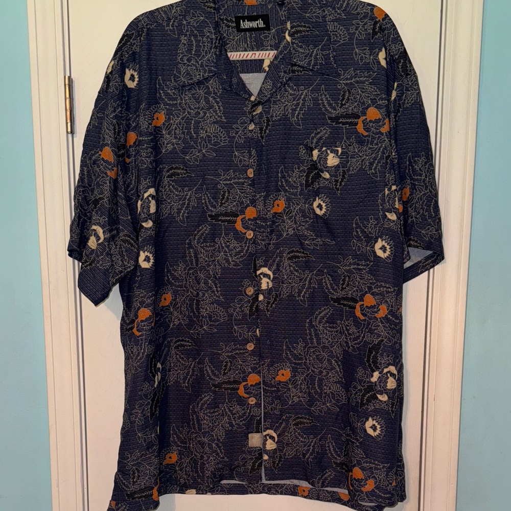 Ashworth Men's Navy and Orange Patterned‎ Shirt DD
